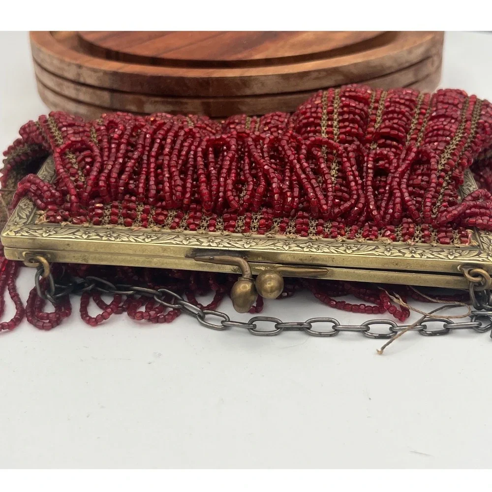 Antique 1920s‎ Red Micro Beaded Fringe Purse Art Deco Floral Brass Frame Flapper